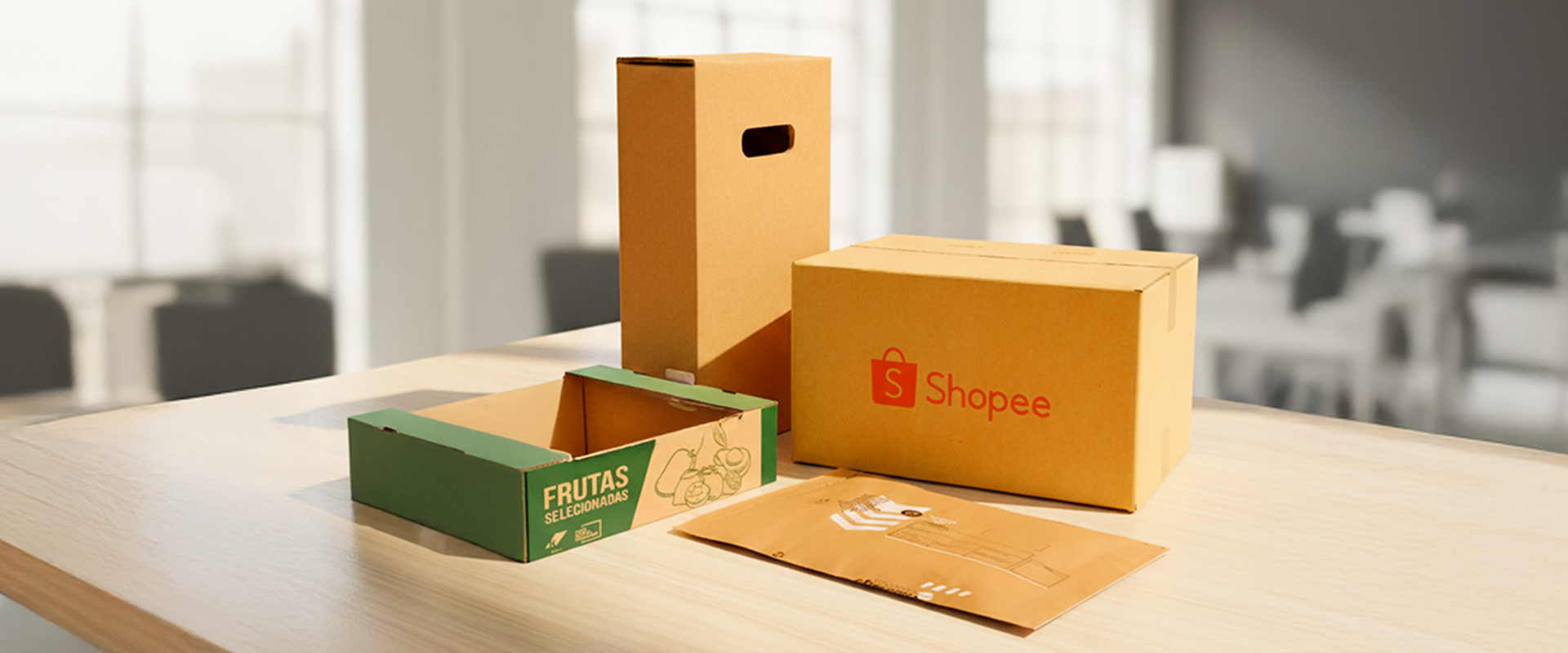 Mockup com variados modelos de caixas de papelão para cada segmento: caixa de bebidas, caixa Shopee, saco para café 