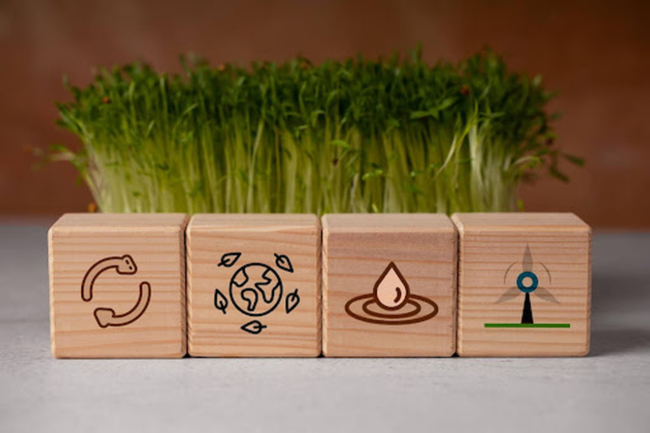 Quatro pequenos cubos de madeira com símbolo de sustentabilidade e uma pequena porção de brotos ao fundo.